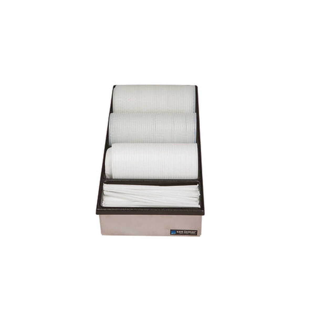 San Jamar L2150 stainless steel countertop lid organizer with three rows of cup lids and one row of straws loaded