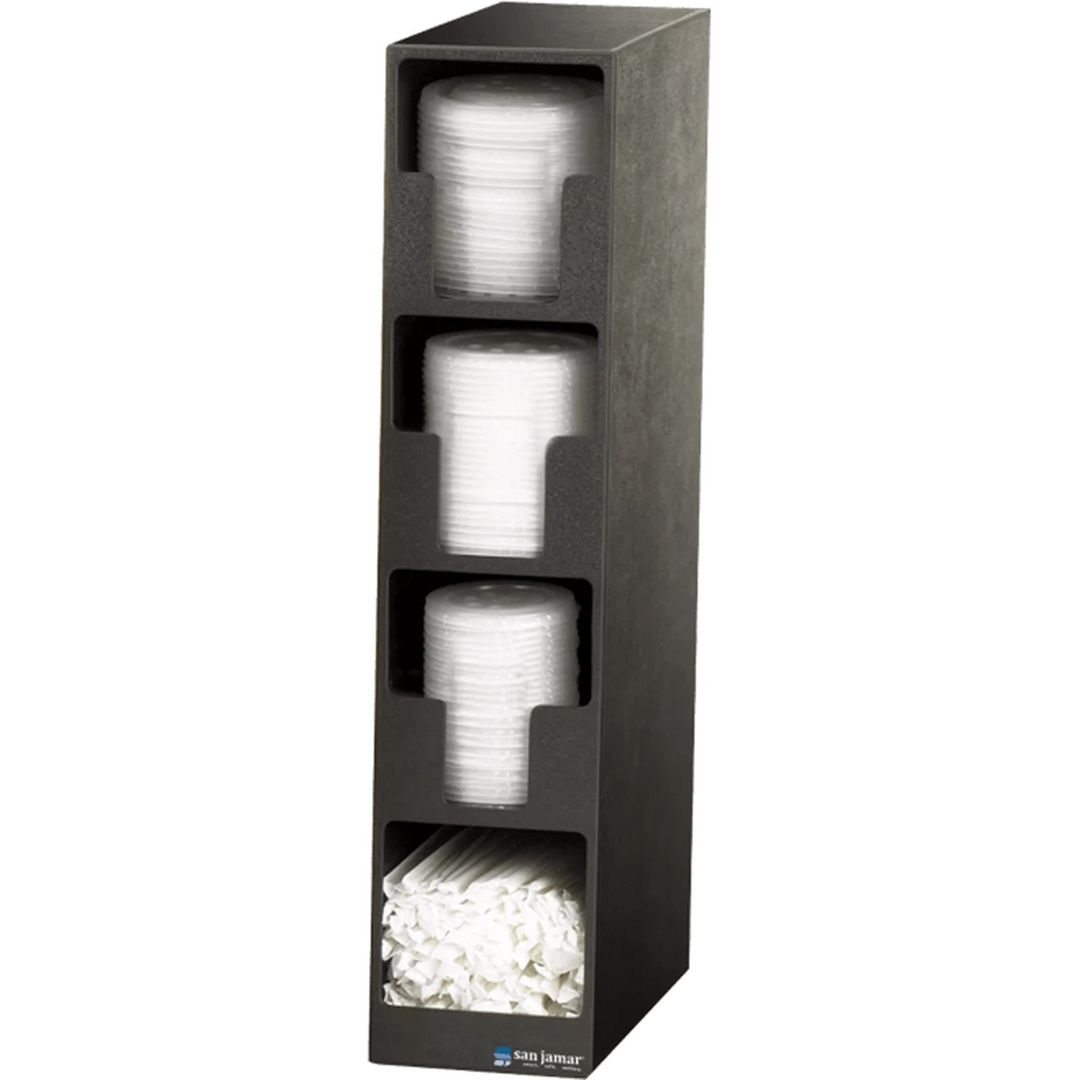 San Jamar L2203 tower loaded with stacked cup lids in three upper slots and wrapped straws in the bottom compartment