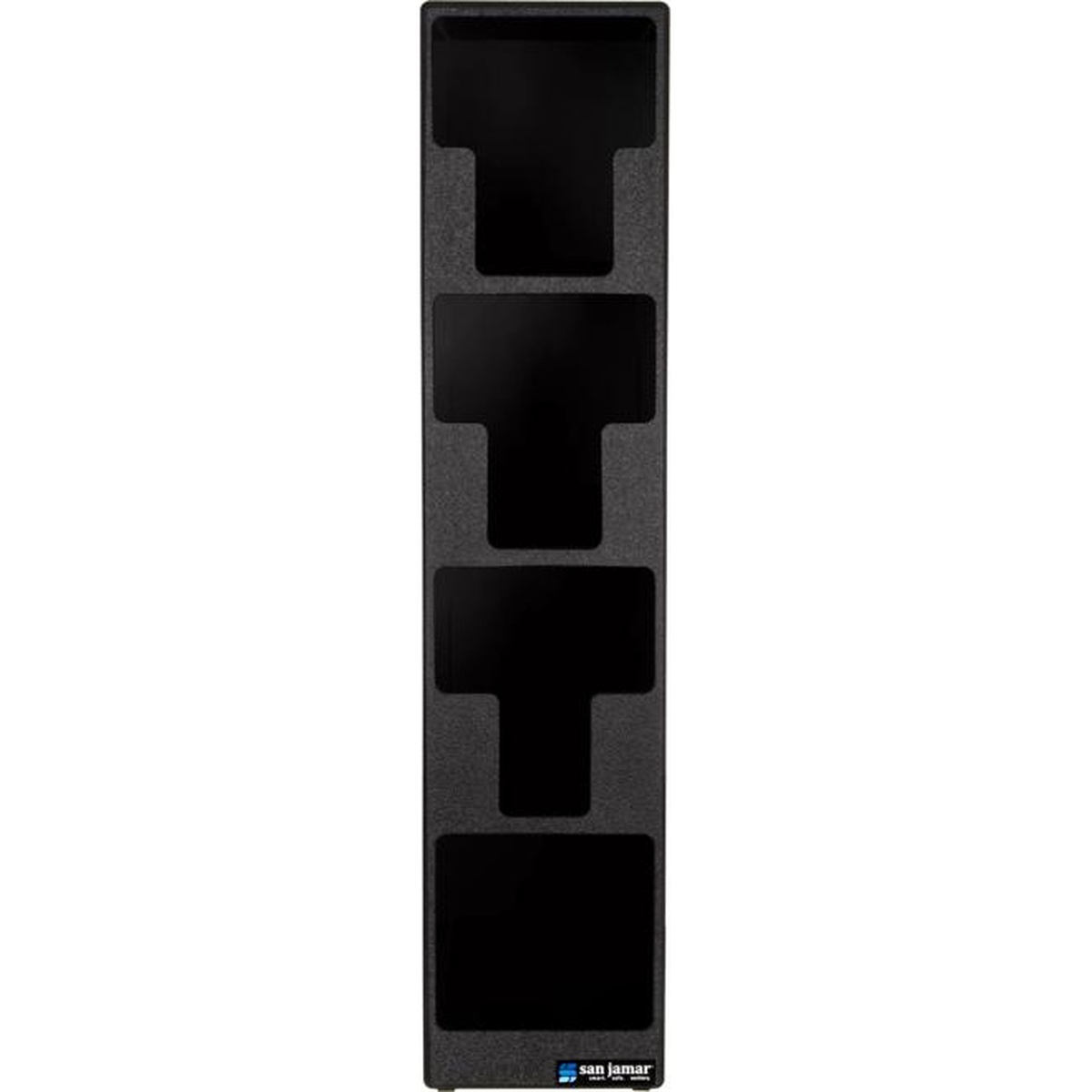 San Jamar L2203 lid and straw tower front view showing four open compartments in black high-impact plastic