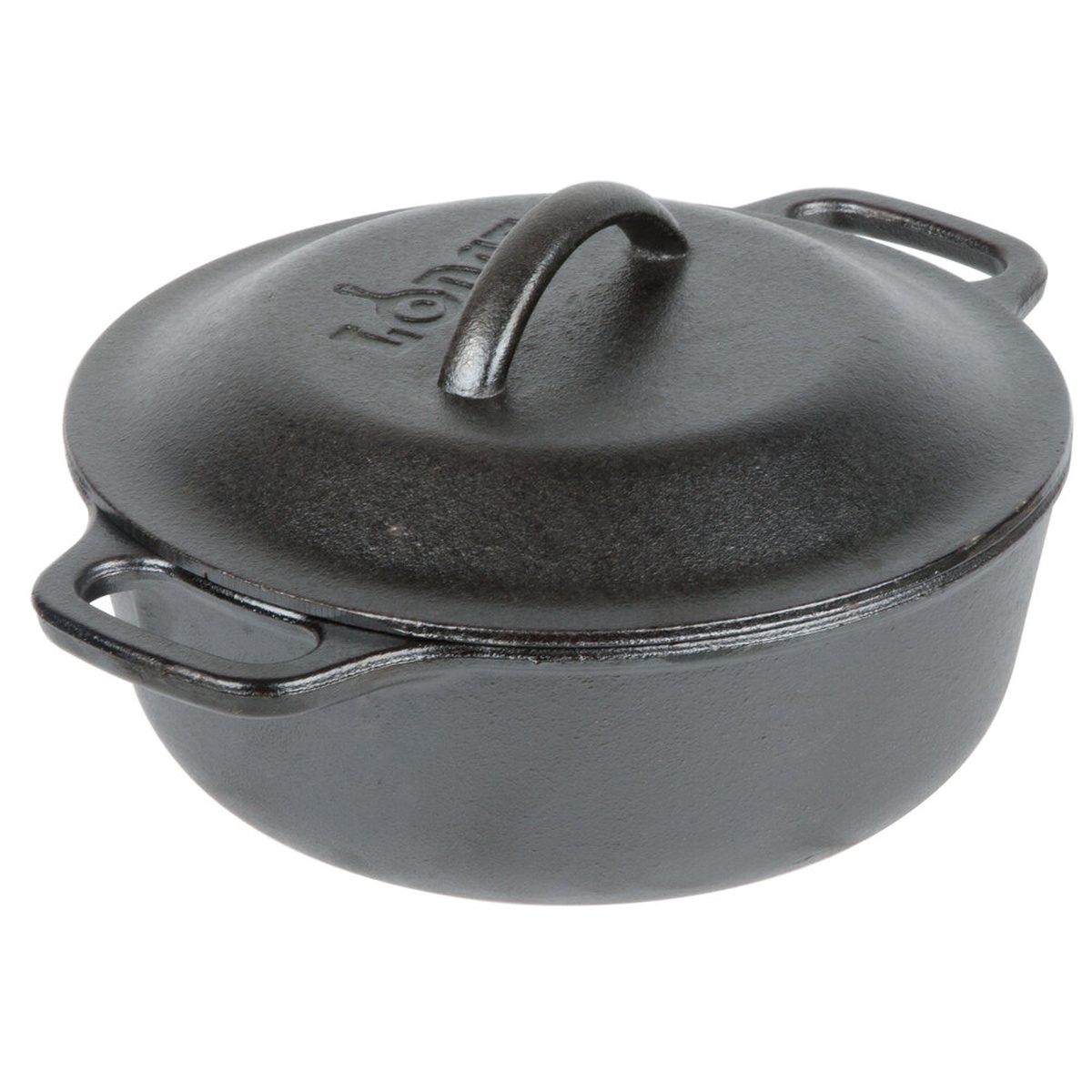 Lodge L2SP3 2-quart pre-seasoned cast iron dutch oven with domed lid and loop handles on white background