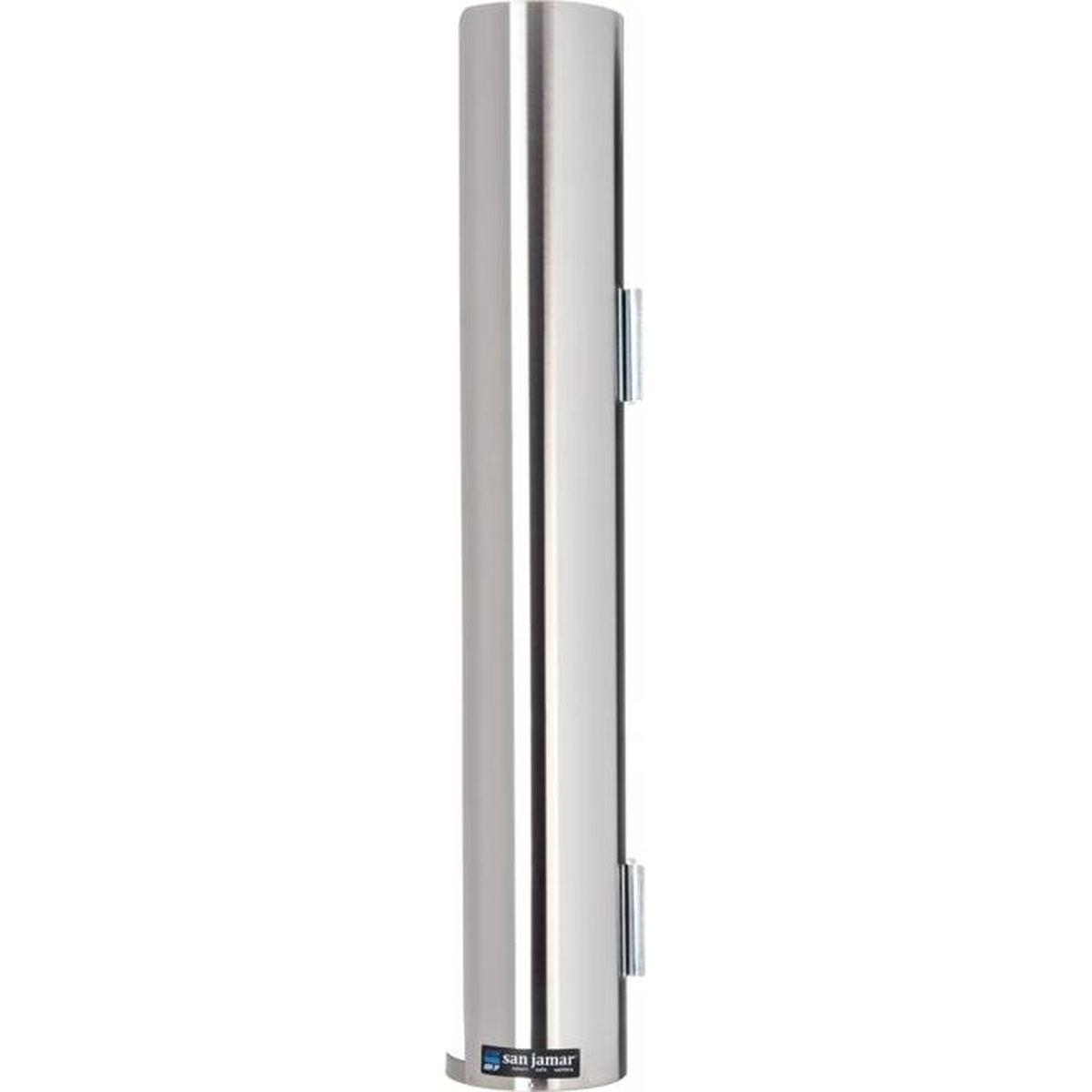 San Jamar L3400 stainless steel lid dispenser showing side-mounted wall brackets