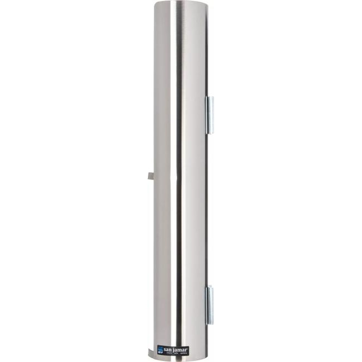 San Jamar L3402 double lid dispenser, side profile with mounting brackets visible
