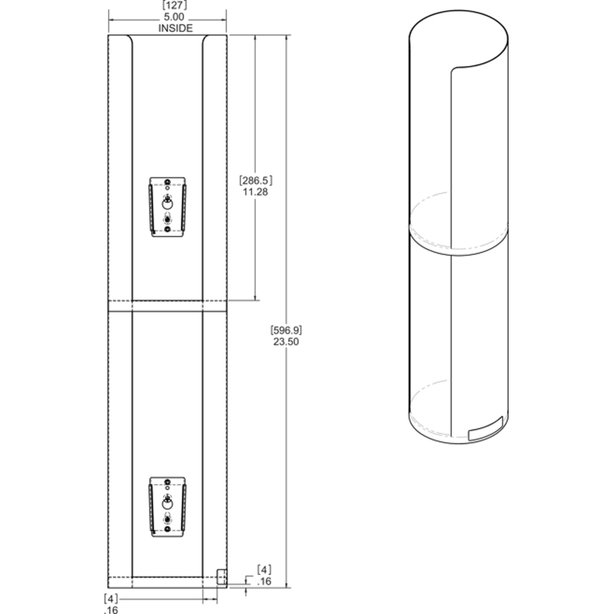 San Jamar L3502 dimensional drawing showing 23.50 inch height, 5.00 inch inside width, and 11.28 inch mounting zone
