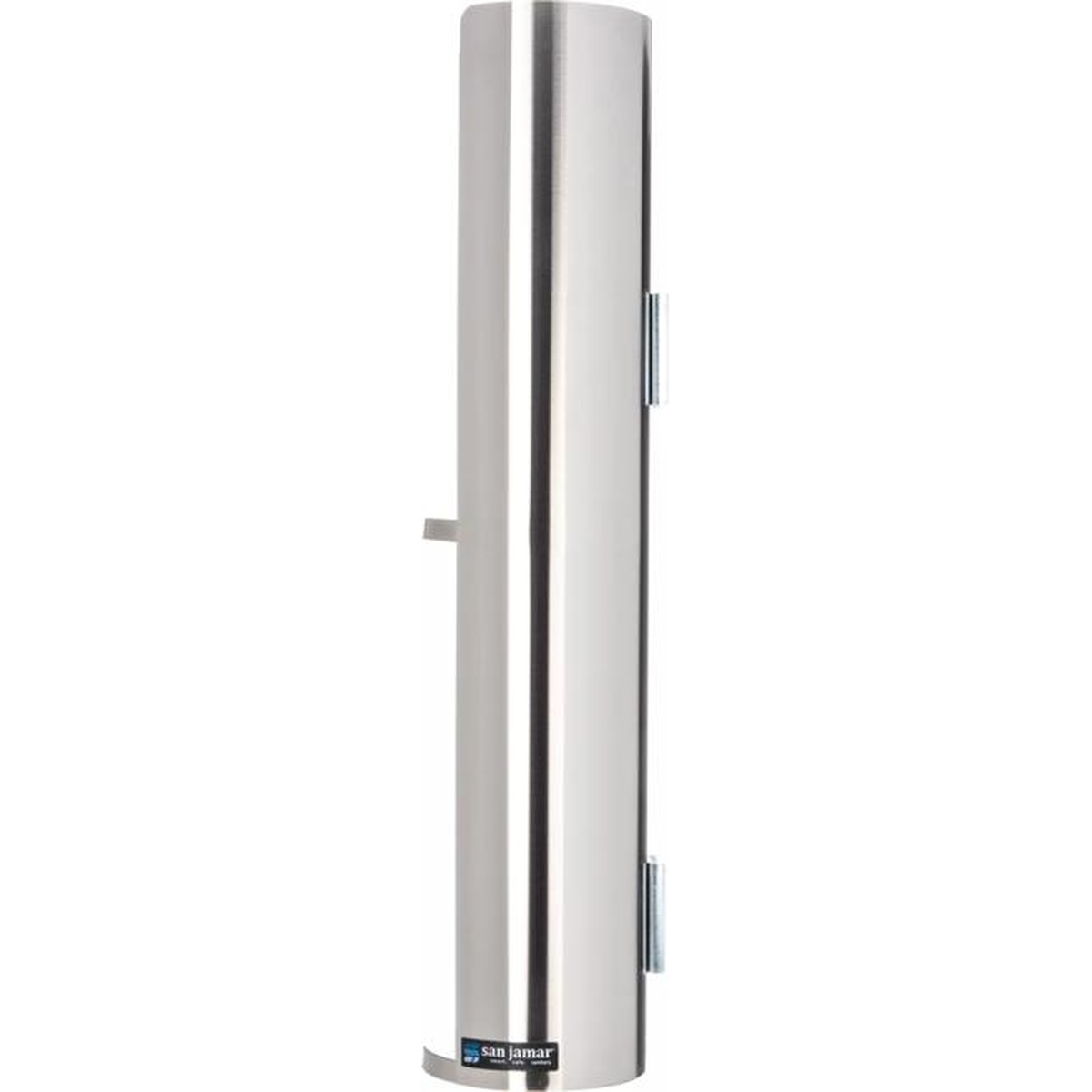 San Jamar L3502 stainless steel double lid dispenser, alternate front view showing dual mounting brackets