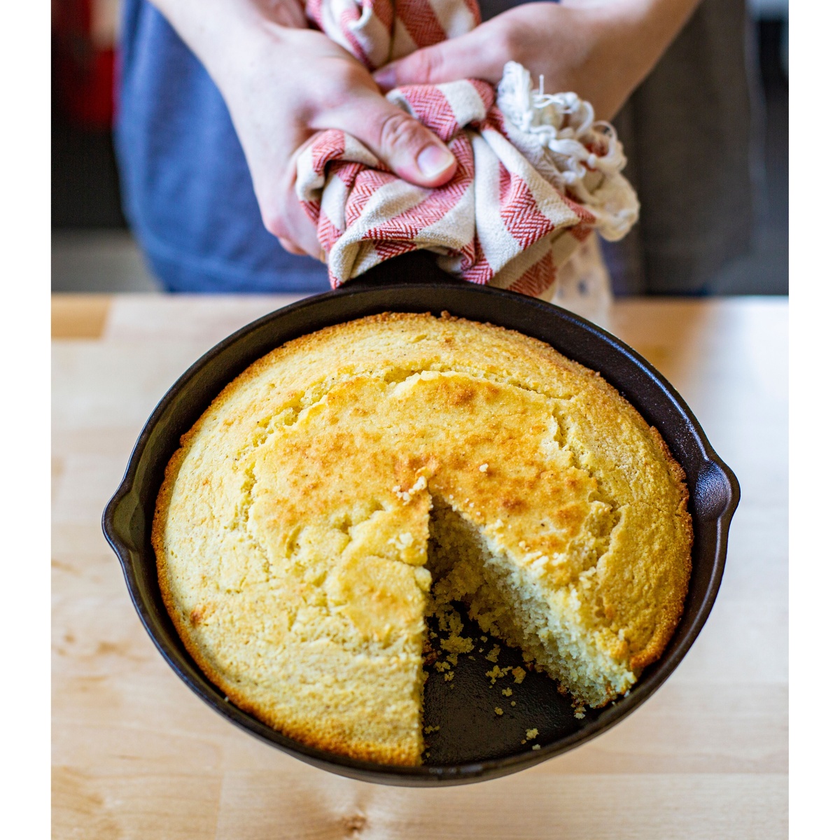 Freshly baked cornbread in a Lodge skillet