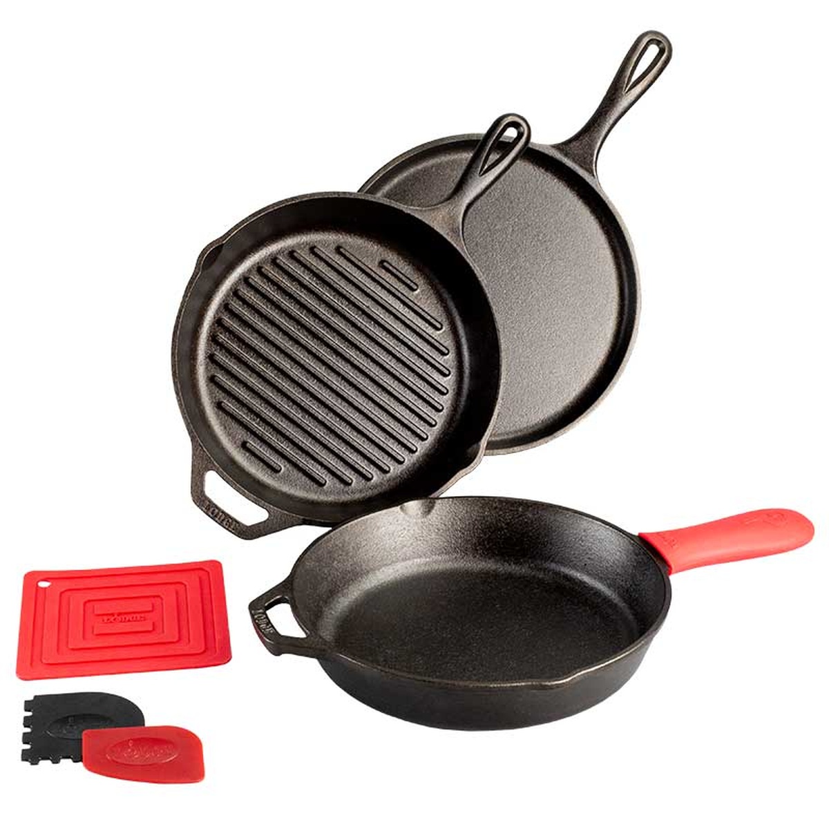 Lodge Essential 7-Piece Cast Iron Pan Set including skillet, grill pan, griddle, and accessories