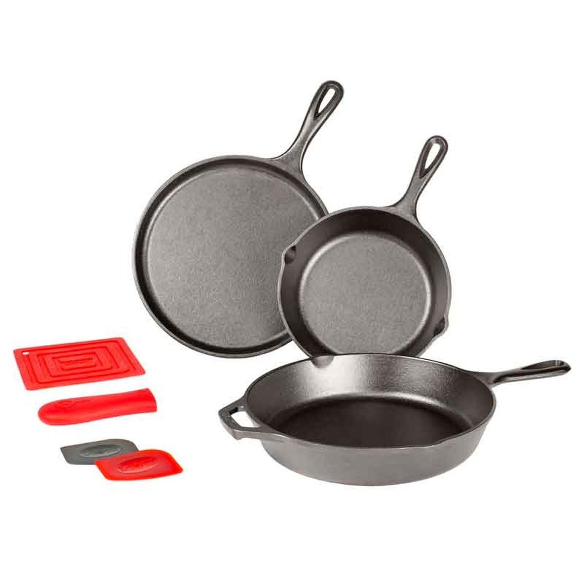 Cast iron skillet and griddle set with silicone holders and pan scrapers