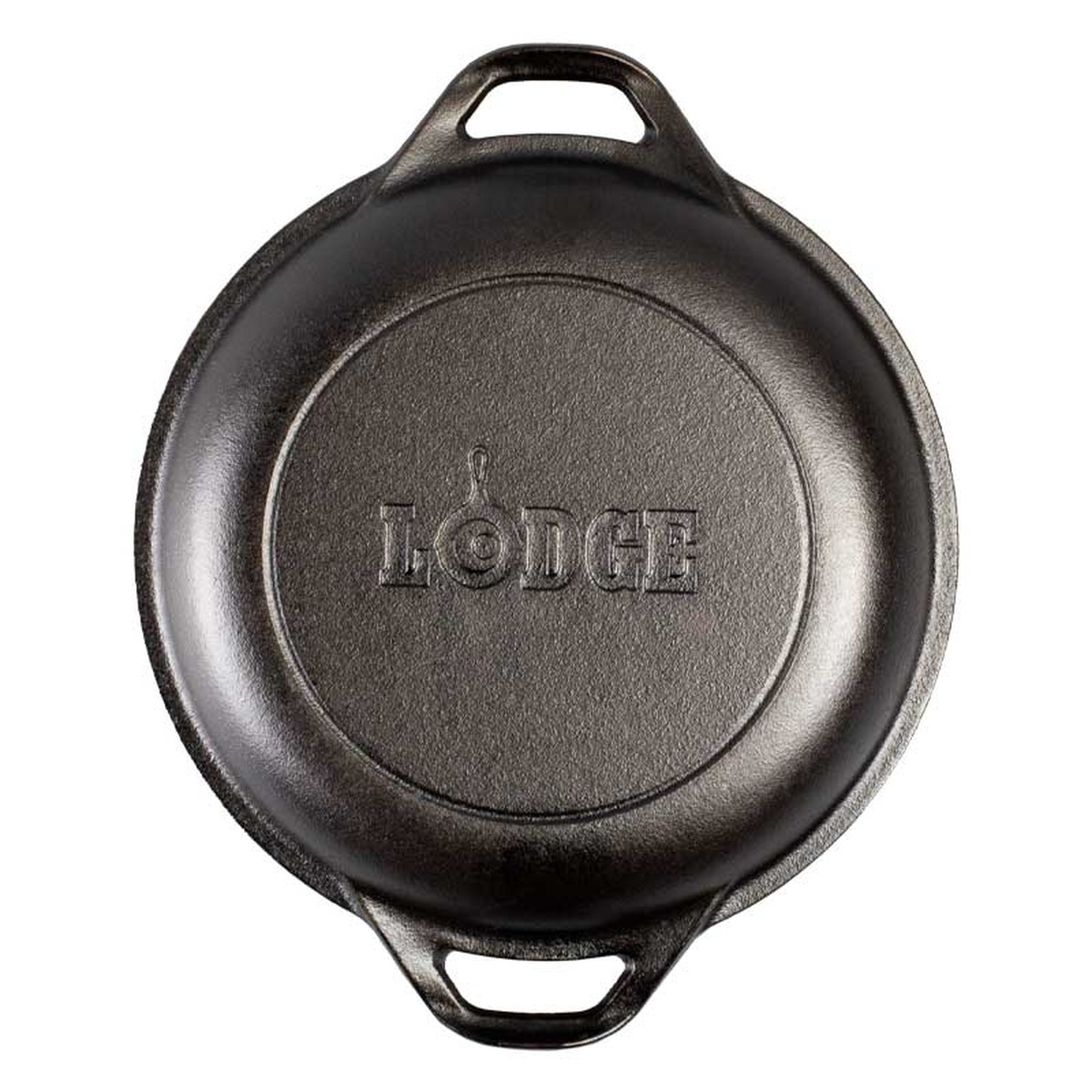 Top-down view of the Lodge Double Dutch Oven lid showing the cast Lodge logo on the exterior