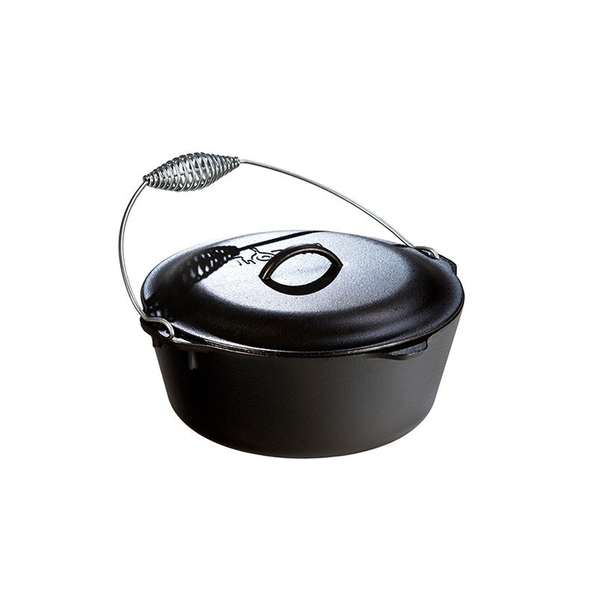Lodge cast iron Dutch oven with bail handle and domed lid, angled product view