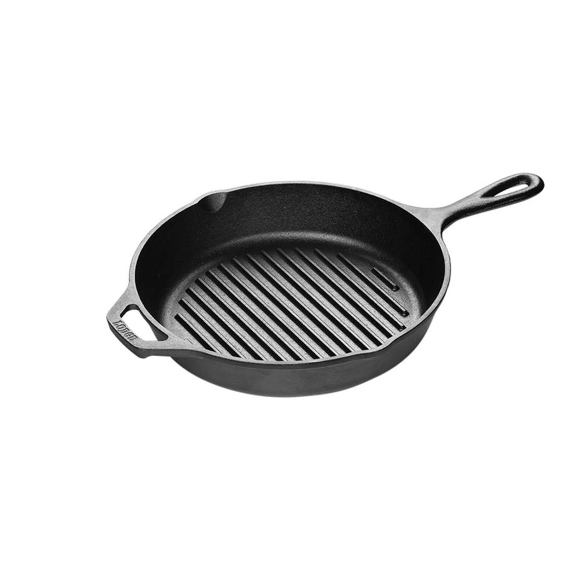 Lodge L8GP3 10.25-inch round cast iron grill pan with raised ridges, main handle, and helper handle on white background