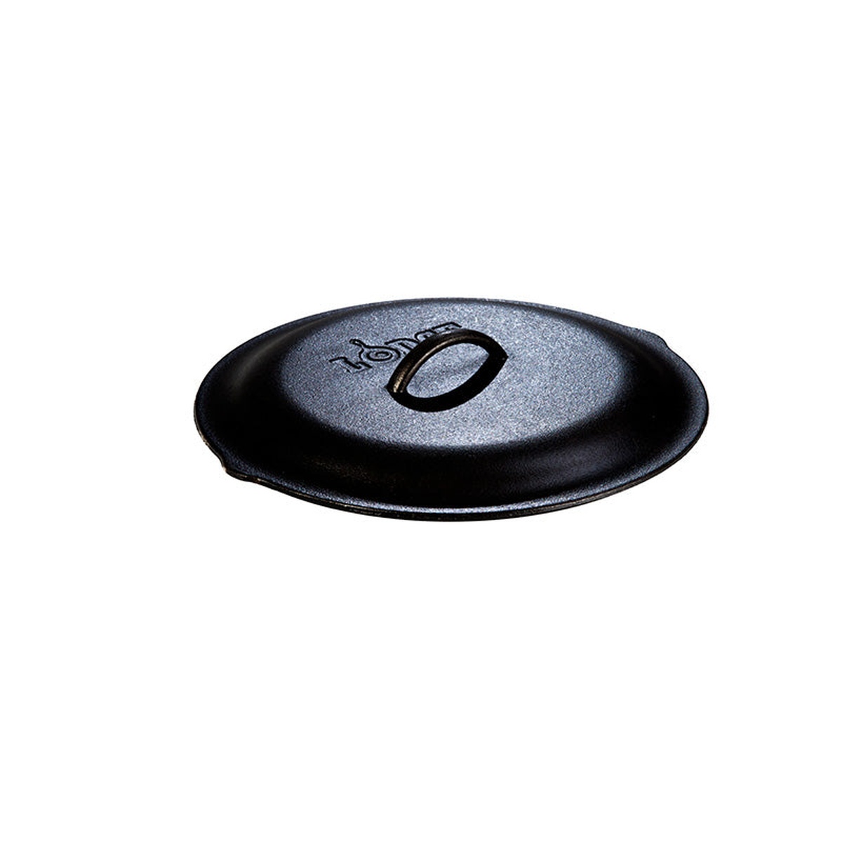 Lodge 10.25 inch pre-seasoned cast iron lid with looped handle, viewed from above on white background