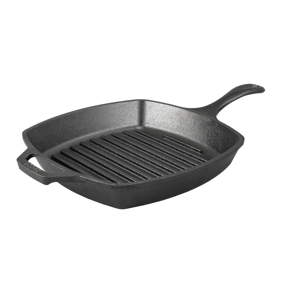 Lodge 10.5 inch square cast iron grill pan, angled view showing raised grill ridges and dual handles