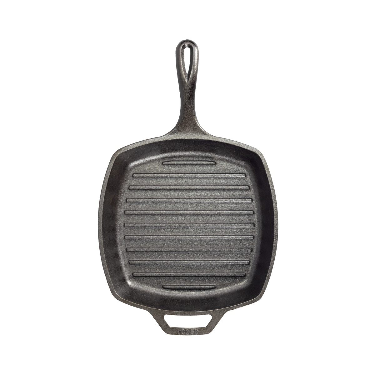 Lodge square cast iron grill pan, top-down view showing full cooking surface with parallel raised ridges