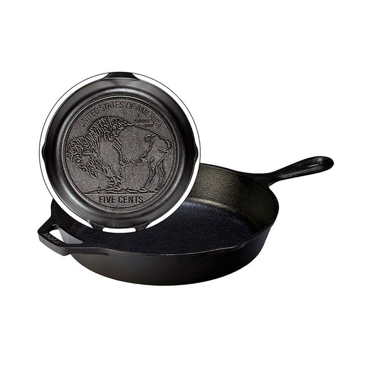 Lodge Buffalo Nickel Cast Iron Skillet shown from two angles highlighting the assist handle, main handle, and cast-in Buffalo Nickel bottom design