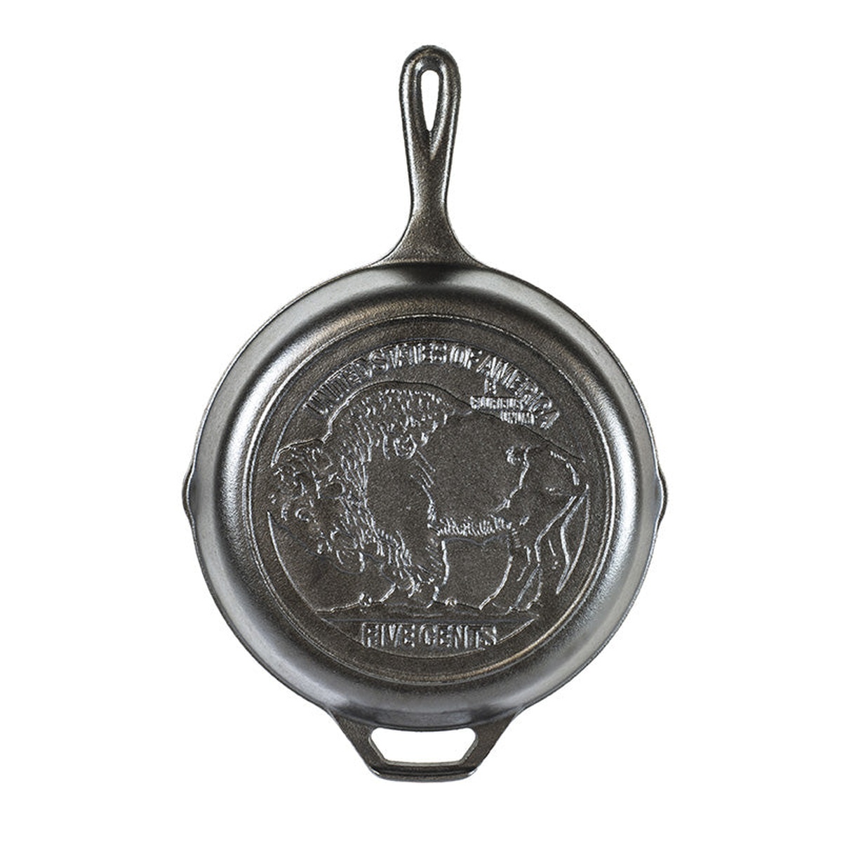 Lodge Buffalo Nickel Cast Iron Skillet top view showing detailed Buffalo Nickel coin design cast into the cooking surface