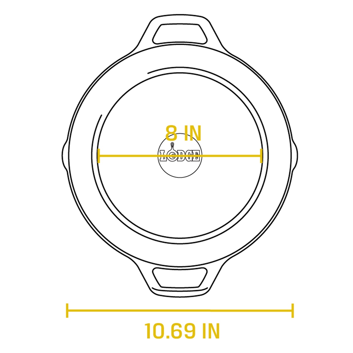 Lodge dual-handle pan top-down line drawing showing 8-inch interior cooking diameter and 10.69-inch total outer width