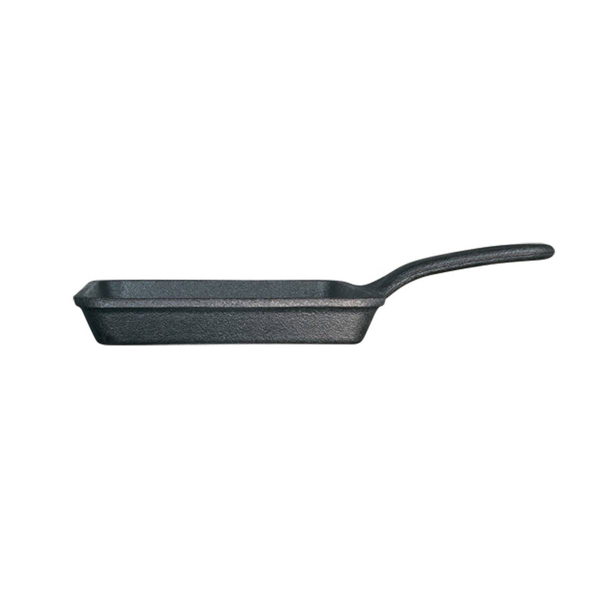 Lodge square cast iron skillet profile side view showing shallow depth and long handle