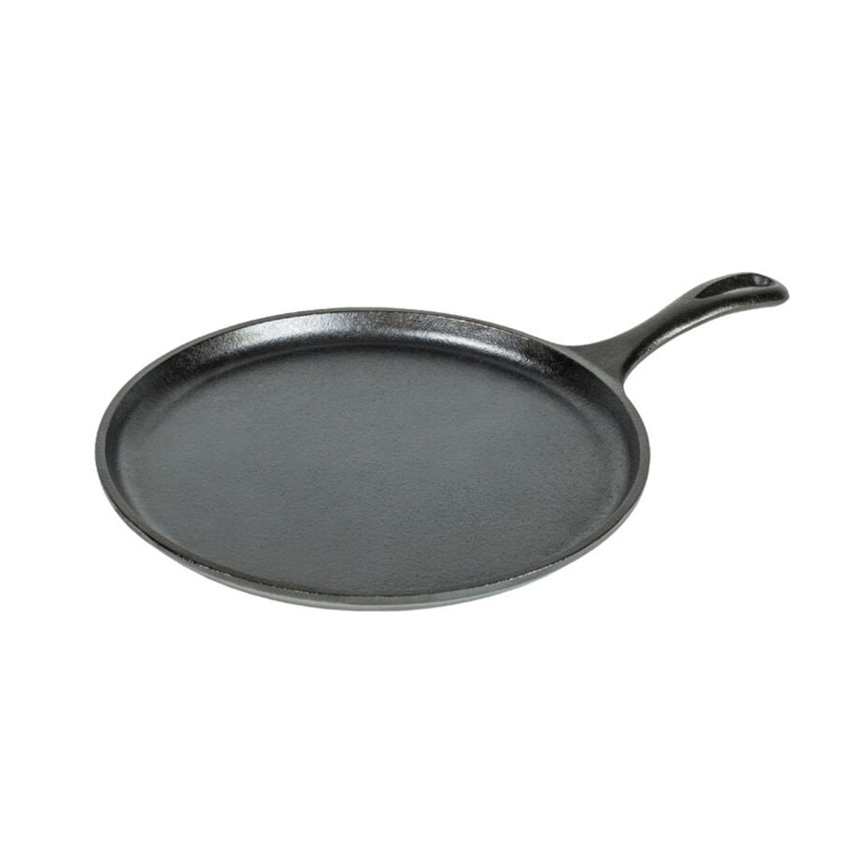 Lodge L9OG3 10.5-inch pre-seasoned cast iron round griddle with handle on white background
