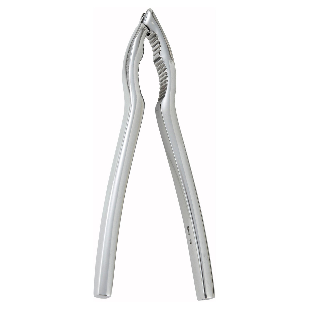 Winco LC-01 stainless steel lobster cracker shown open, displaying serrated cracking jaws and long handles