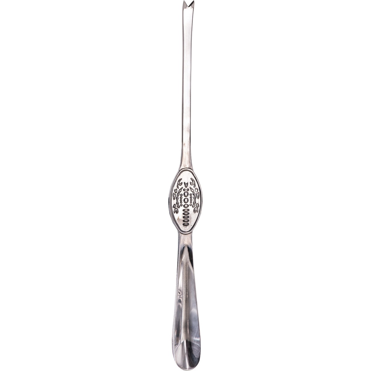 Winco LC-08 8-inch two-tine stainless steel seafood pick with decorative lobster stamp on handle