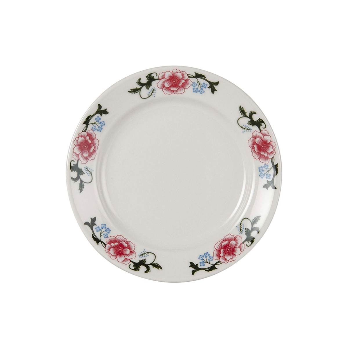 Tuxton Western Rose china plate top view showing symmetrical pink rose and vine border pattern