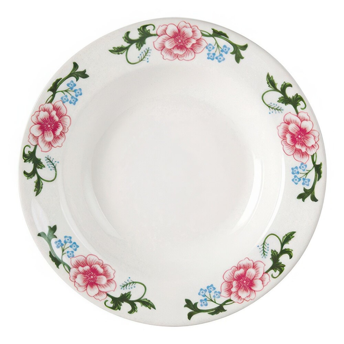 Tuxton Western Rose eggshell china soup bowl with pink floral and green vine pattern on narrow rim