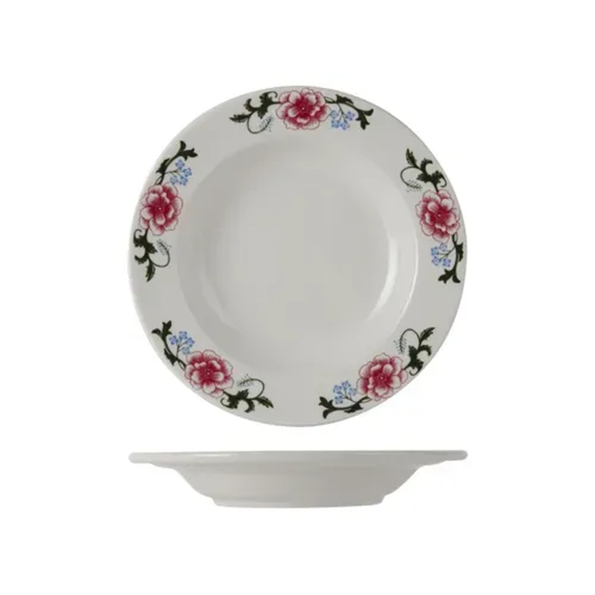 Tuxton China LCD-111 round pasta bowl with Western Rose floral pattern on eggshell glaze, shown from top and side angle