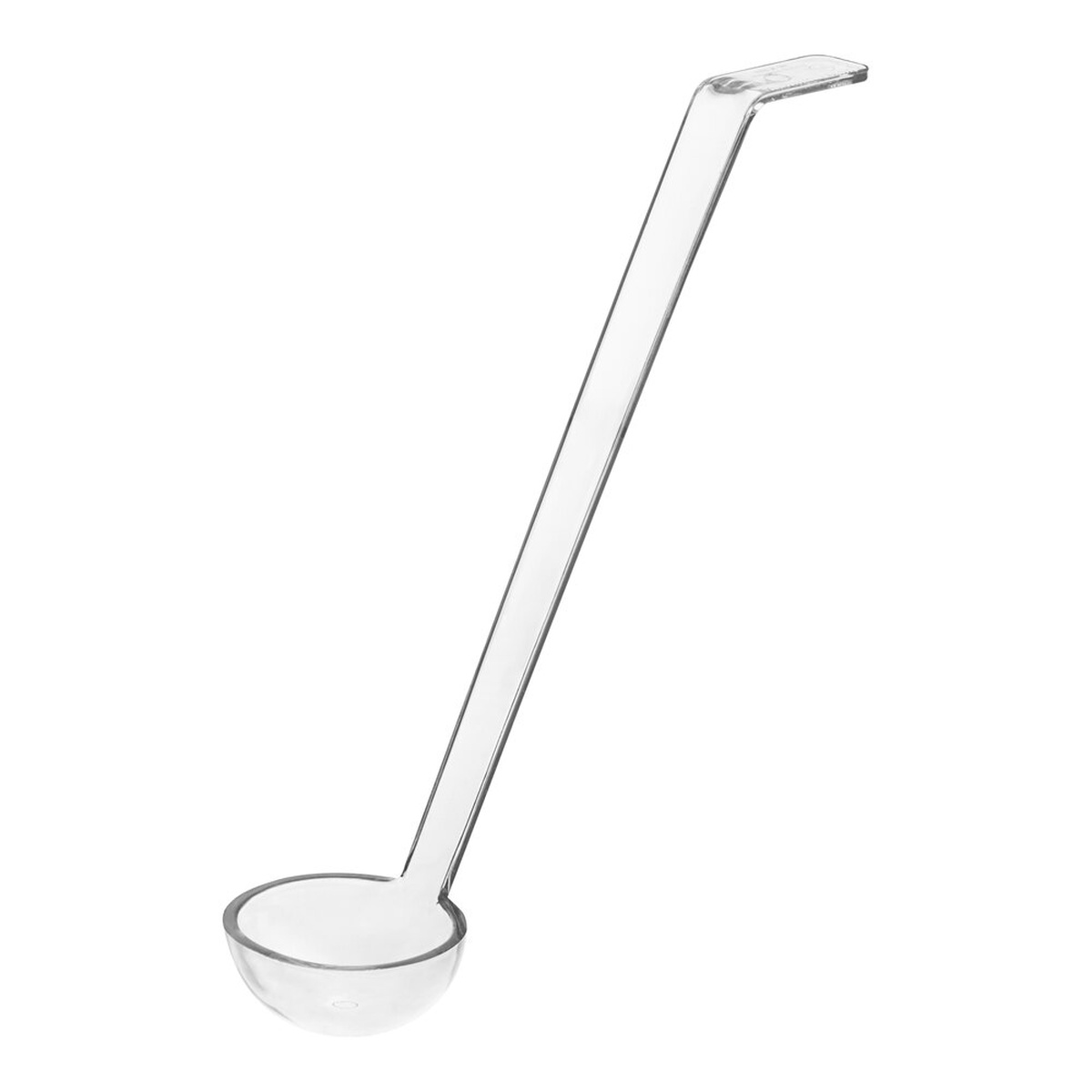 Cambro LD105135 clear polycarbonate 1 oz. ladle with angled handle and side rest on white background