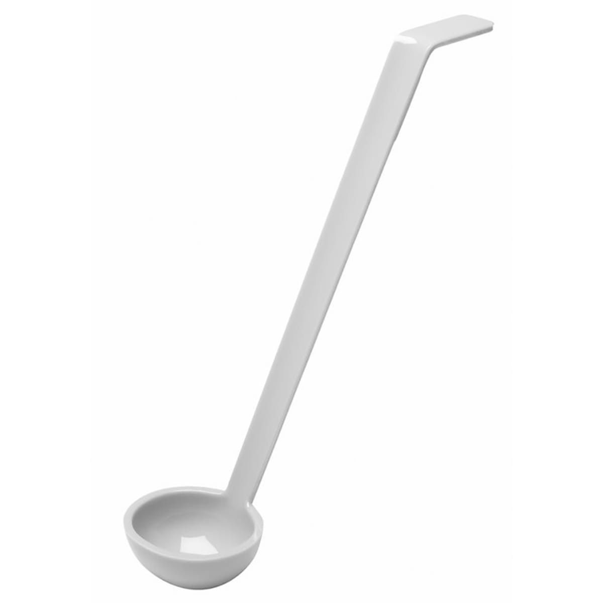 Cambro LD105148 white polycarbonate 1 oz. salad dressing ladle with angled handle and side rest
