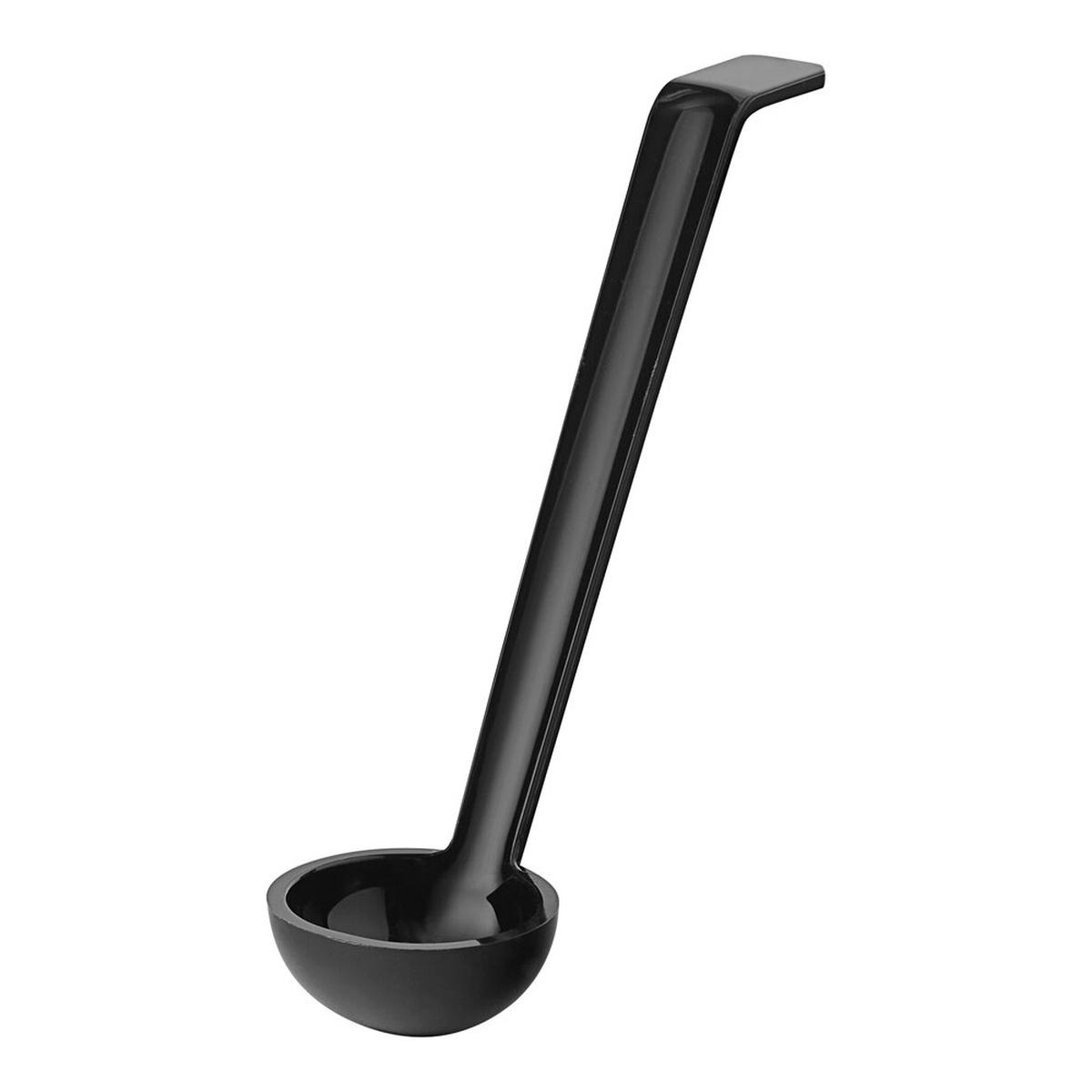 Cambro LD85110 black polycarbonate Camwear ladle with angled handle and round bowl on white background