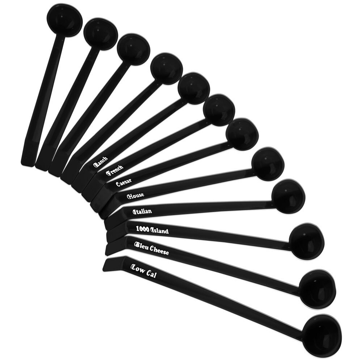 Cambro LD85A110 set of 12 black polycarbonate ladles fanned out, with 8 labeled handles reading Ranch, French, Caesar, House, Italian, 1000 Island, Bleu Cheese, and Low Cal