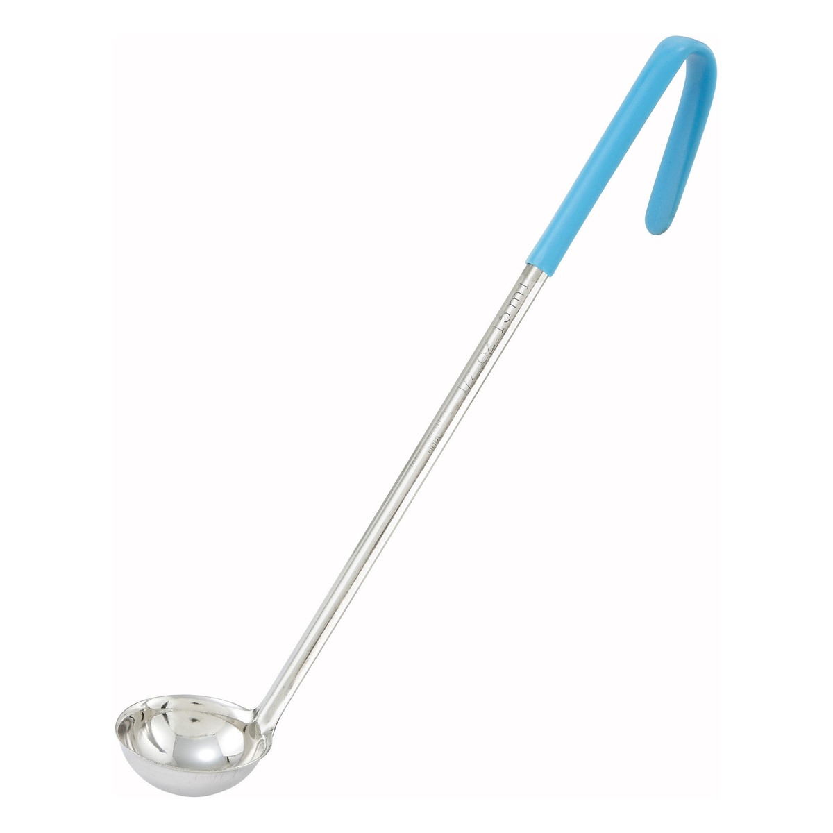 Winco LDC-05 one-piece stainless steel ladle with teal color-coded curved handle, 1/2 oz capacity