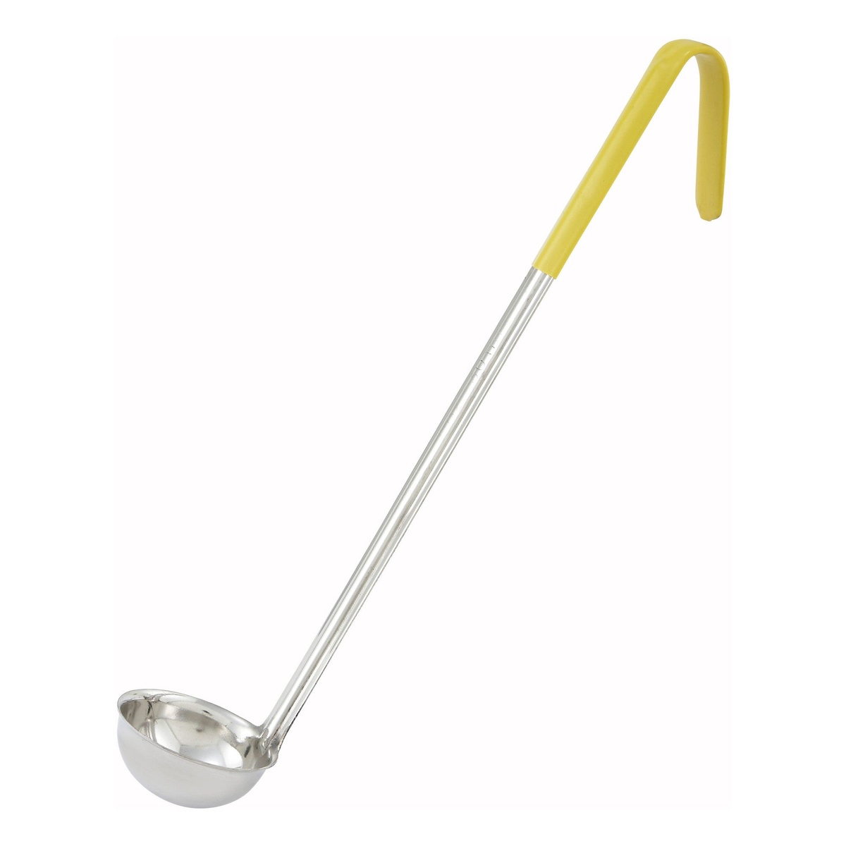 Winco LDC-1 one-piece stainless steel ladle with yellow color-coded hooked handle on white background