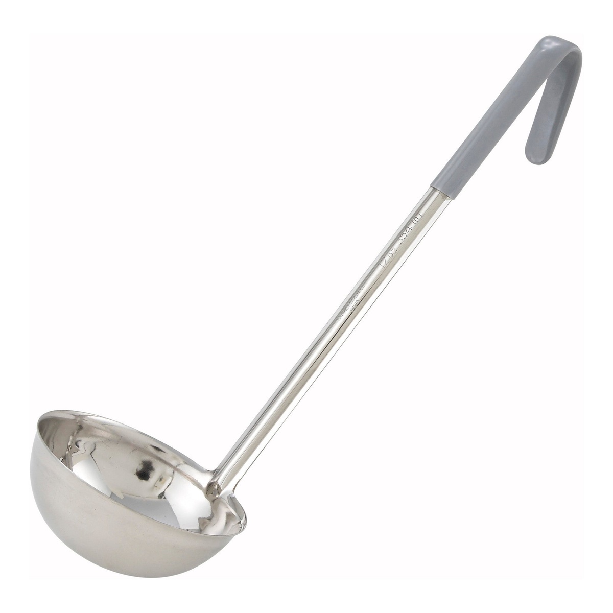 Winco LDC-12 12 oz stainless steel ladle with gray color-coded handle and hooked end