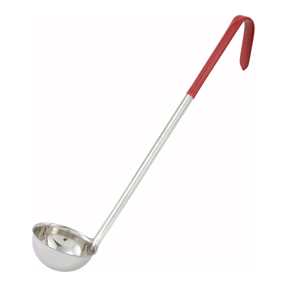 Winco LDC-2 2 oz stainless steel ladle with red color-coded handle and curved hook tip