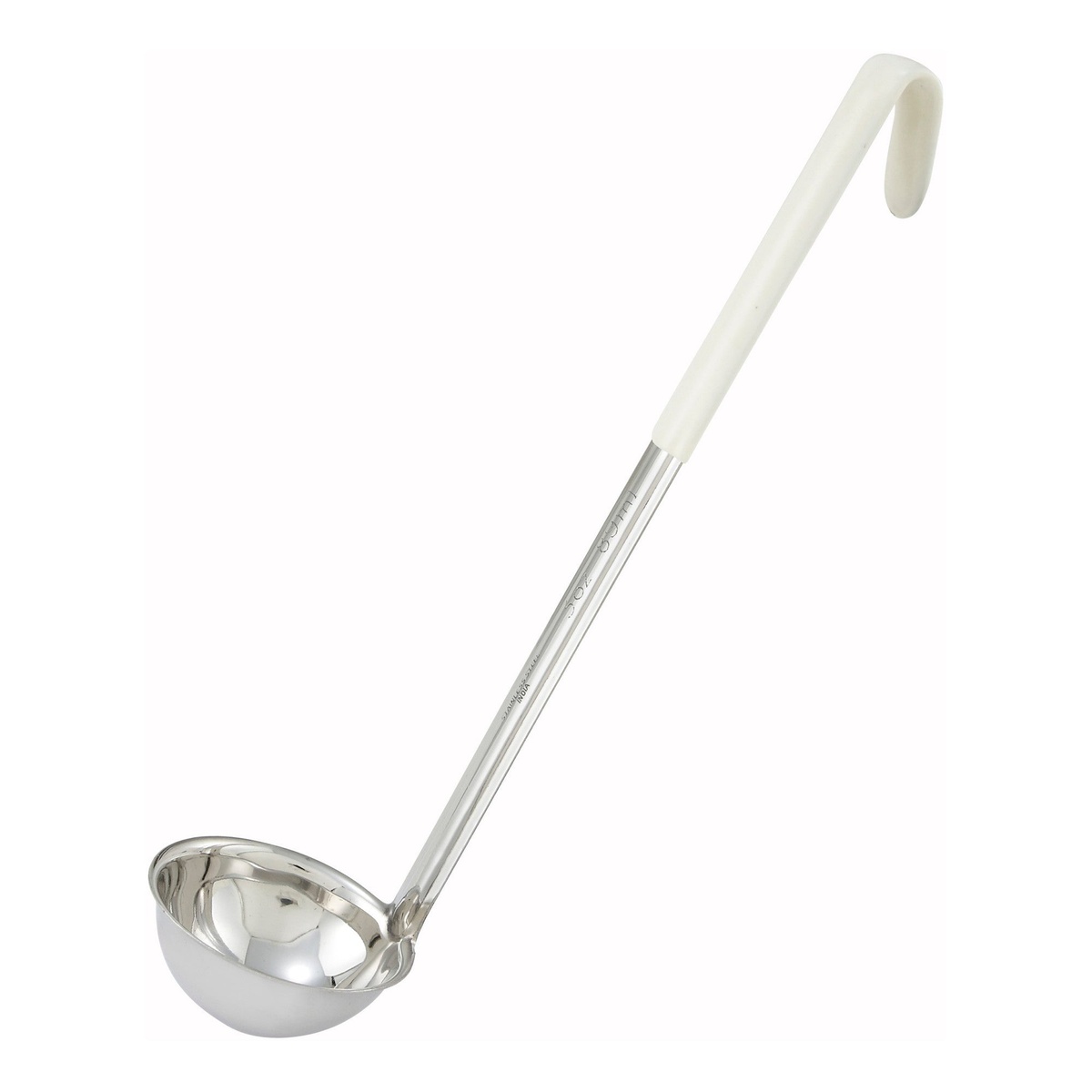 Winco LDC-3 3 oz stainless steel ladle with ivory color-coded curved handle
