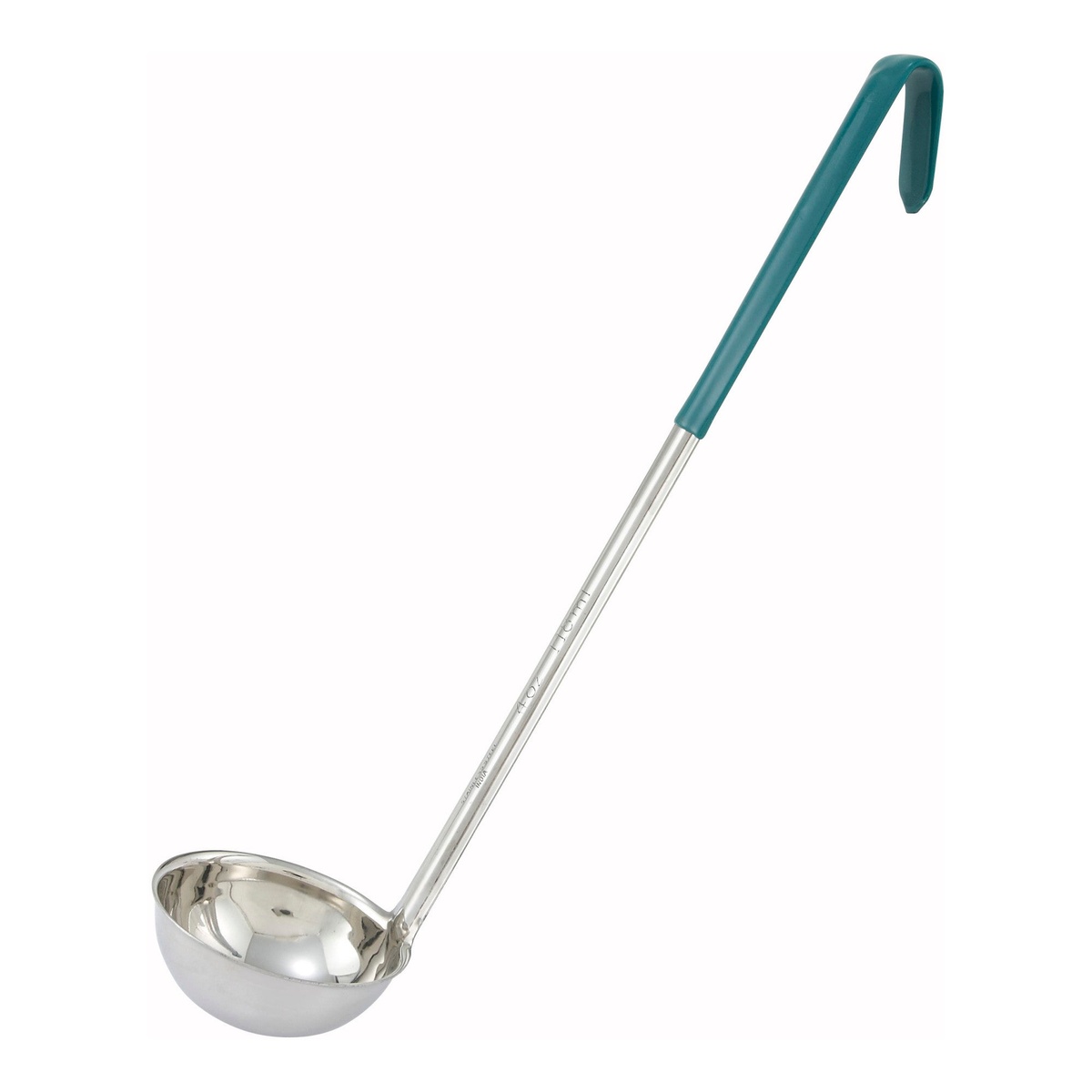 Winco LDC-4 4 oz stainless steel ladle with green color-coded handle and curved hanging tip