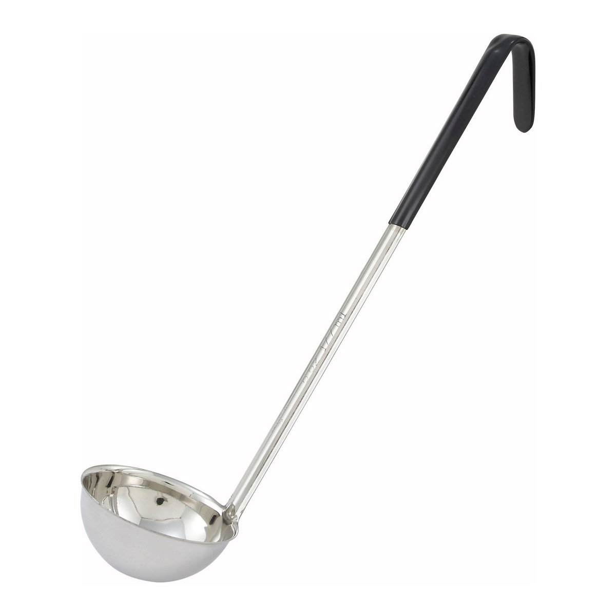 Winco LDC-6 6 oz stainless steel ladle with black color-coded handle and curved tip