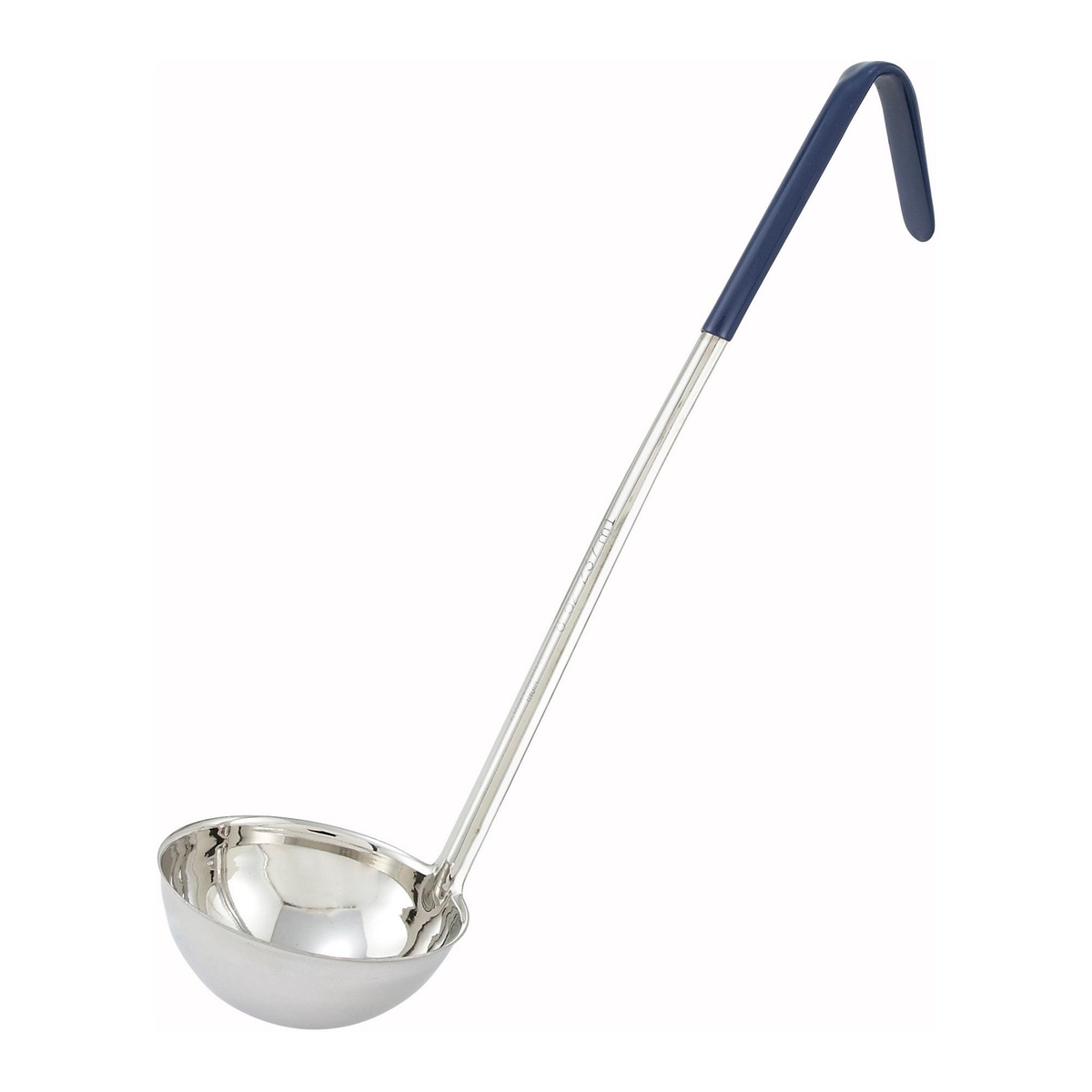 Winco LDC-8 8 oz one-piece stainless steel ladle with blue color-coded handle and curved hanging tip