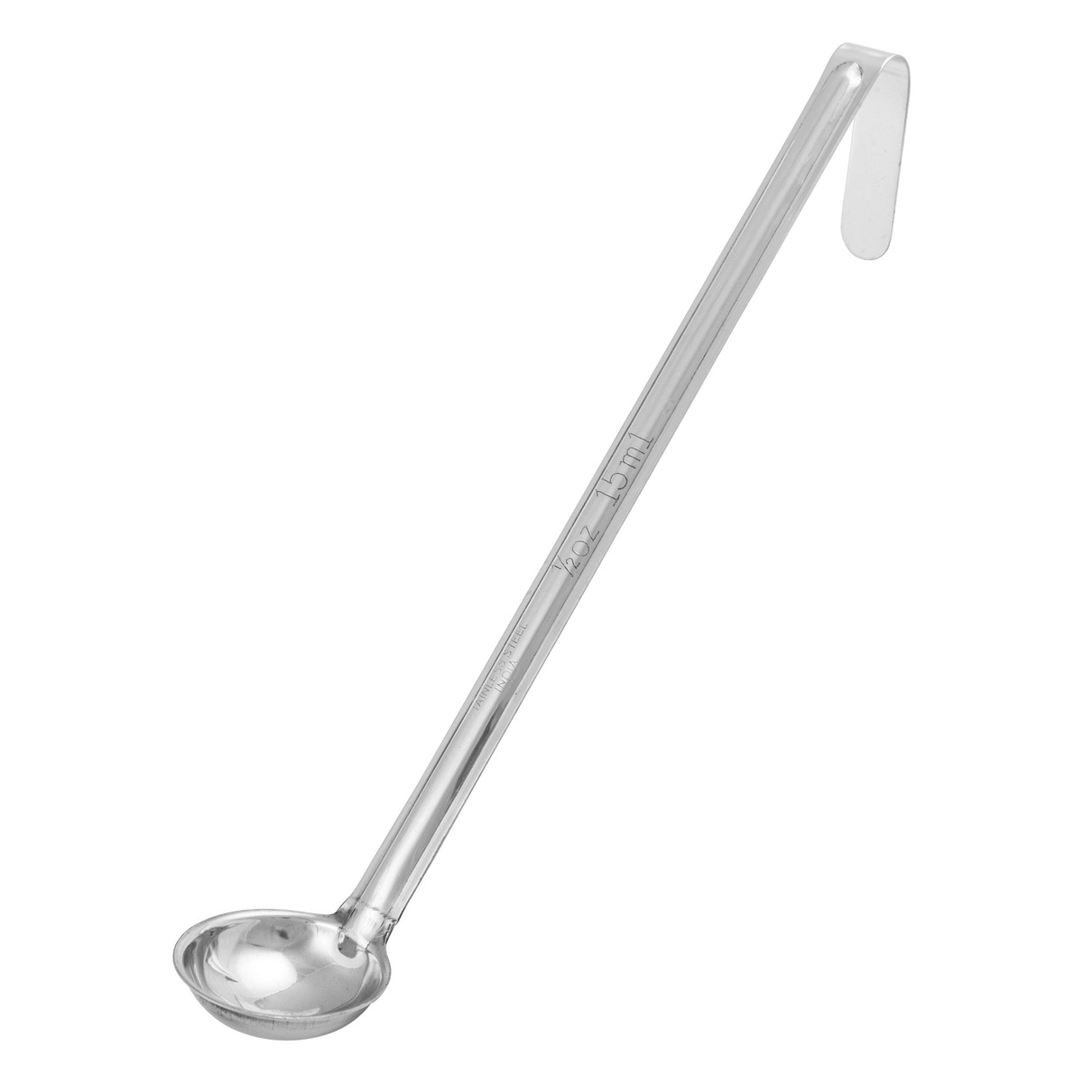 Winco LDI-0 one-piece stainless steel ladle with curved hanging tip and 1/2 oz engraved bowl