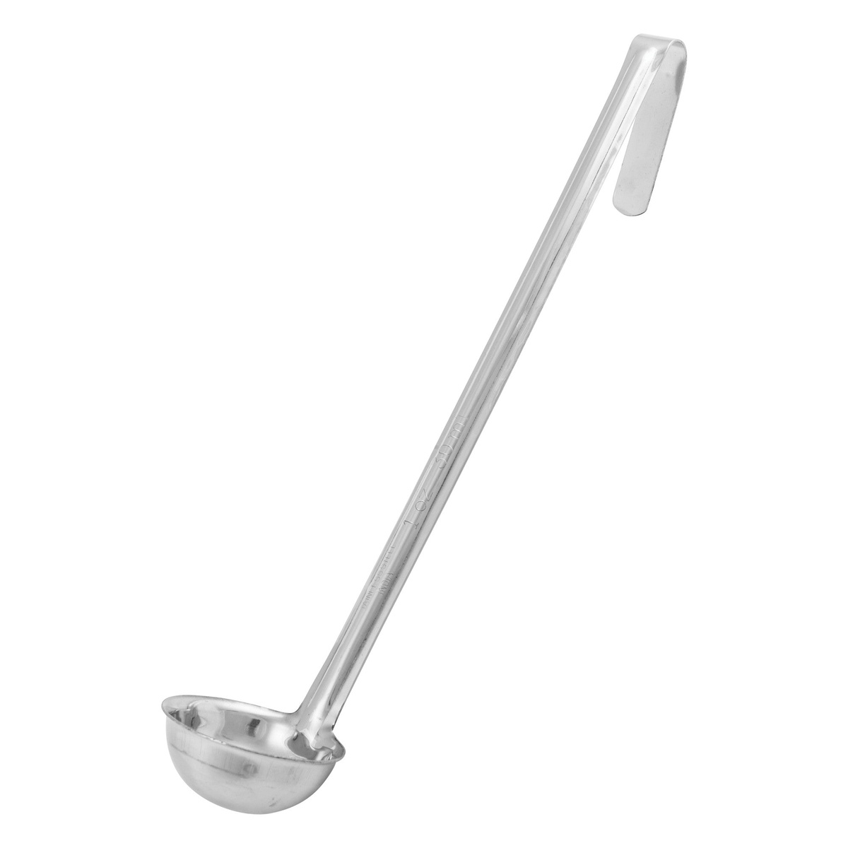 Winco LDI-1 one-piece stainless steel ladle with 1 oz bowl and hanging hook handle on white background