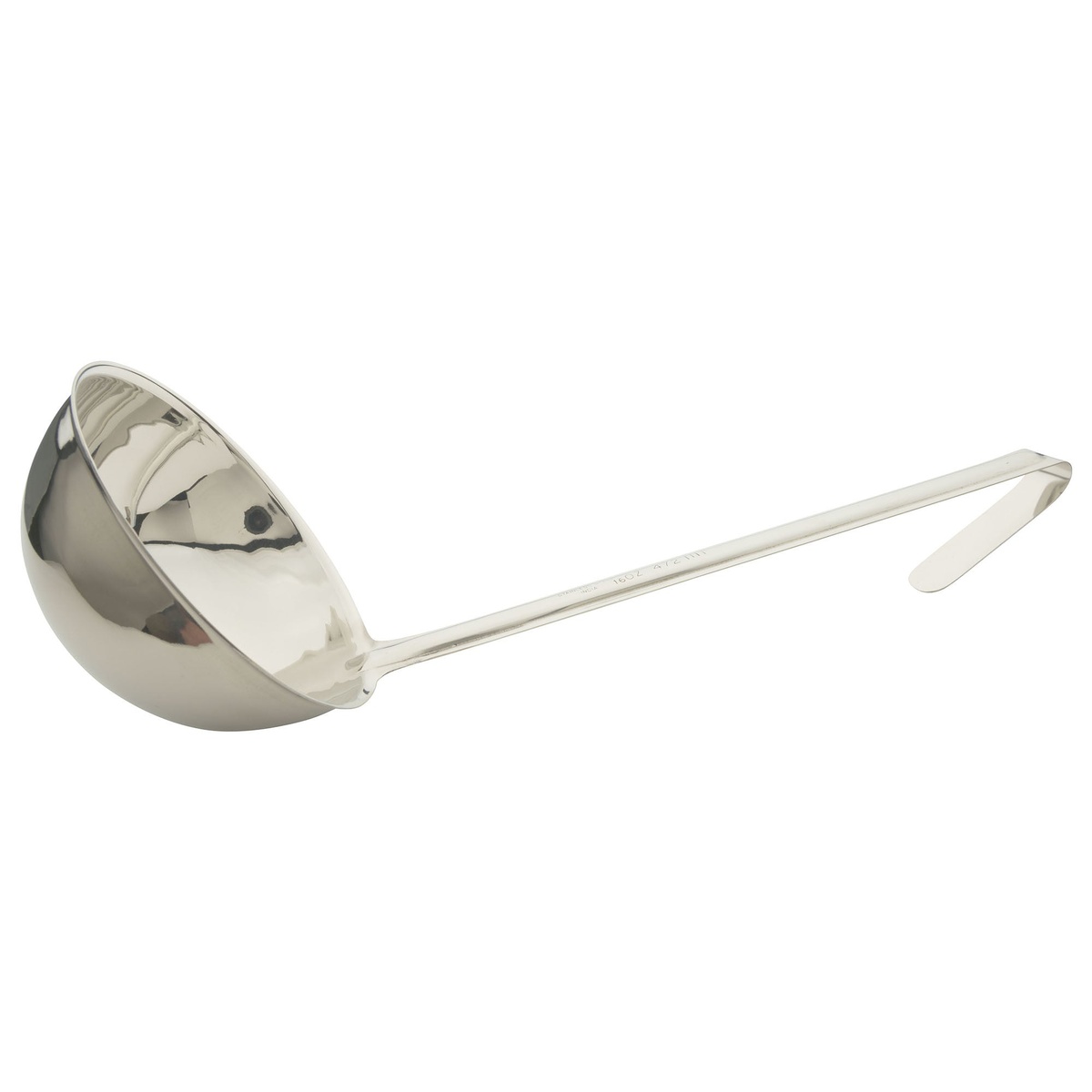 Winco LDI-16 16 oz one-piece stainless steel ladle with curved hanging tip and long handle