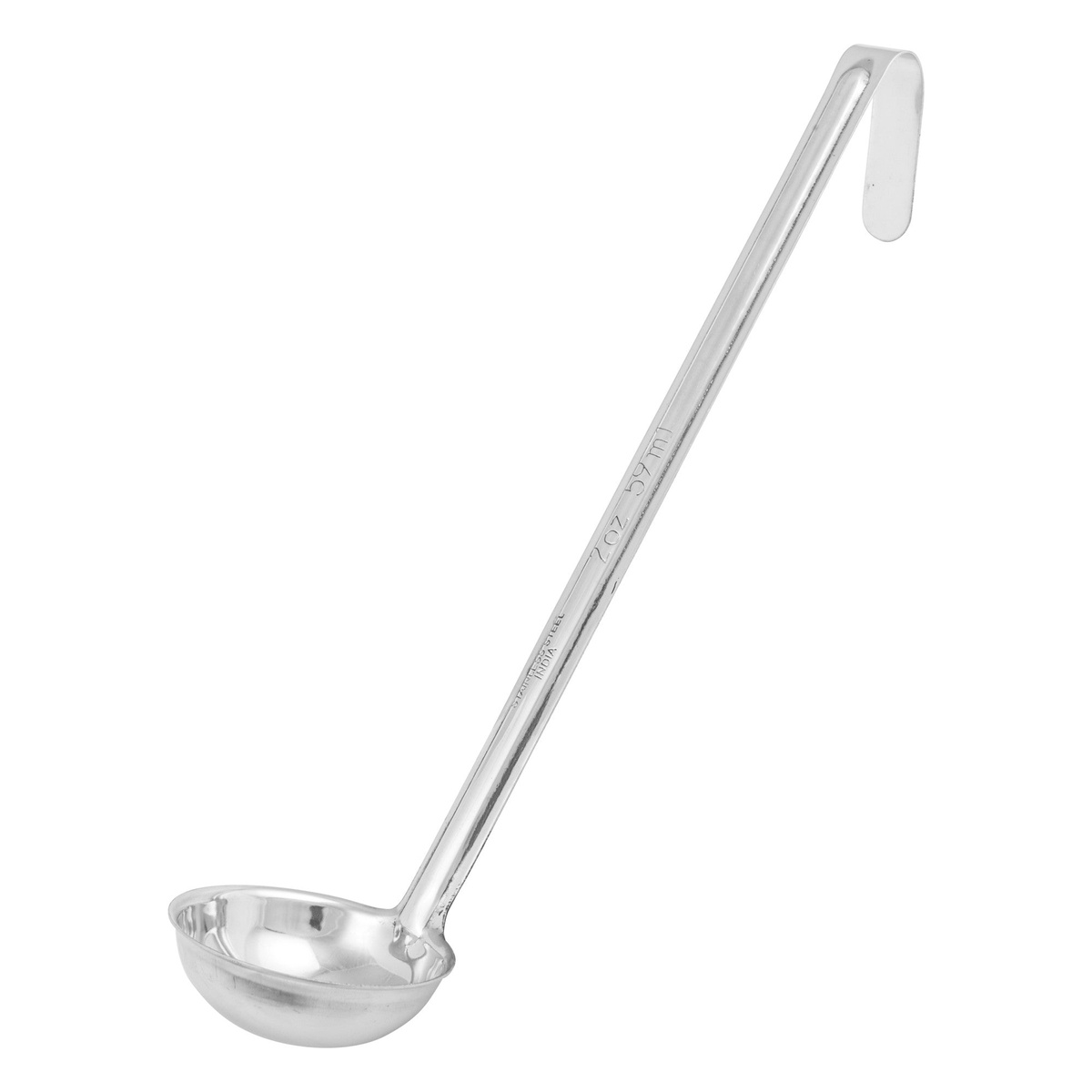 Winco LDI-2 2 oz one-piece stainless steel ladle with curved hook tip and long handle
