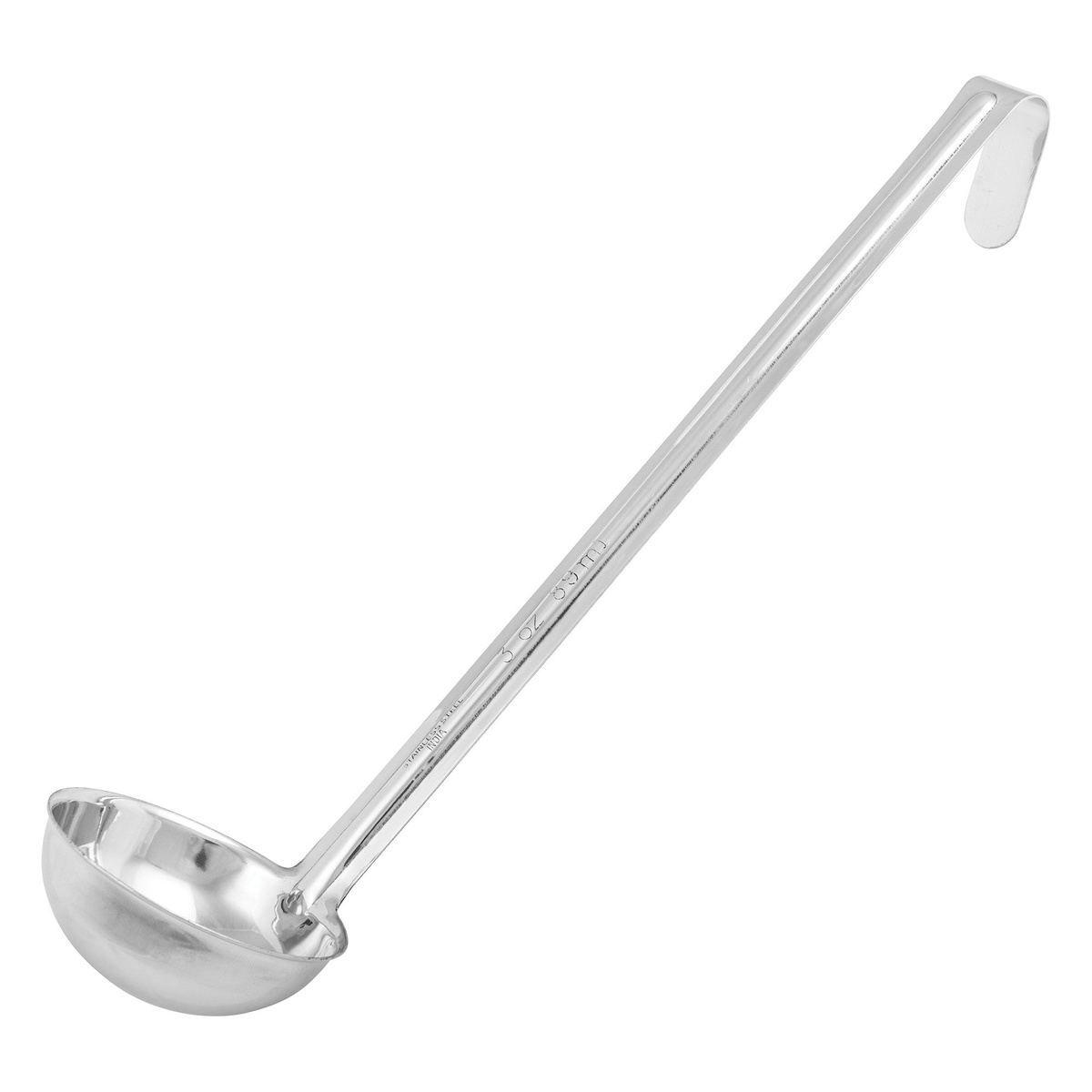 Winco LDI-3 3 oz one-piece stainless steel ladle with curved hook tip and hemispherical bowl