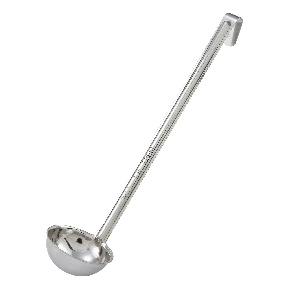 Winco LDI-4 4 oz one-piece stainless steel ladle with curved hook handle and polished bowl