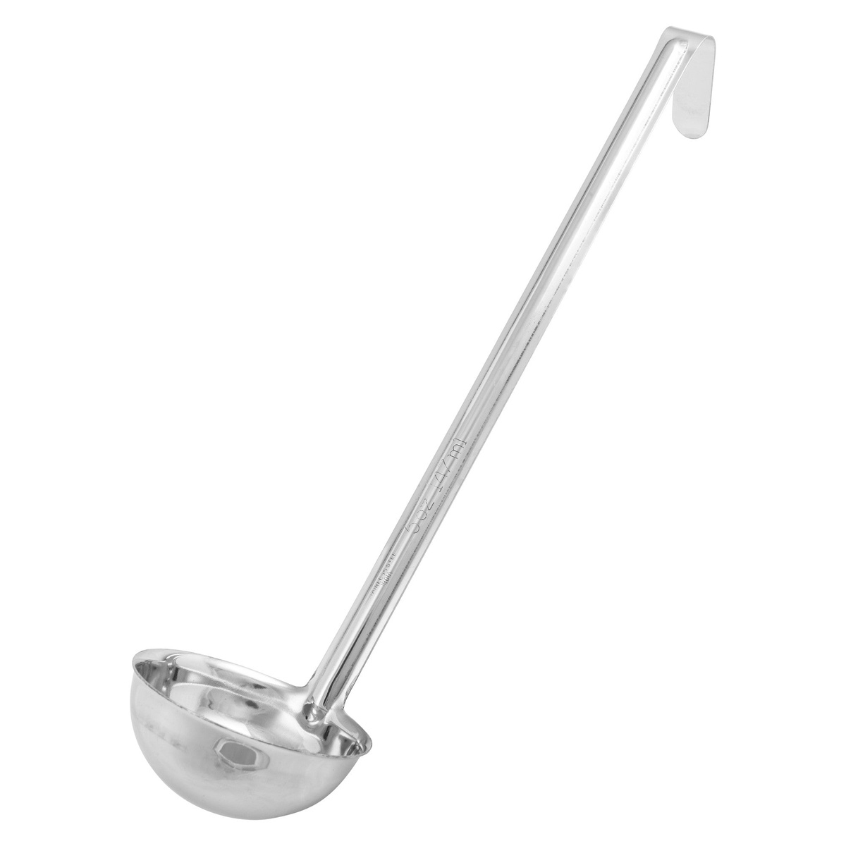 Winco LDI-5 5 oz one-piece stainless steel ladle with curved hook tip and long handle