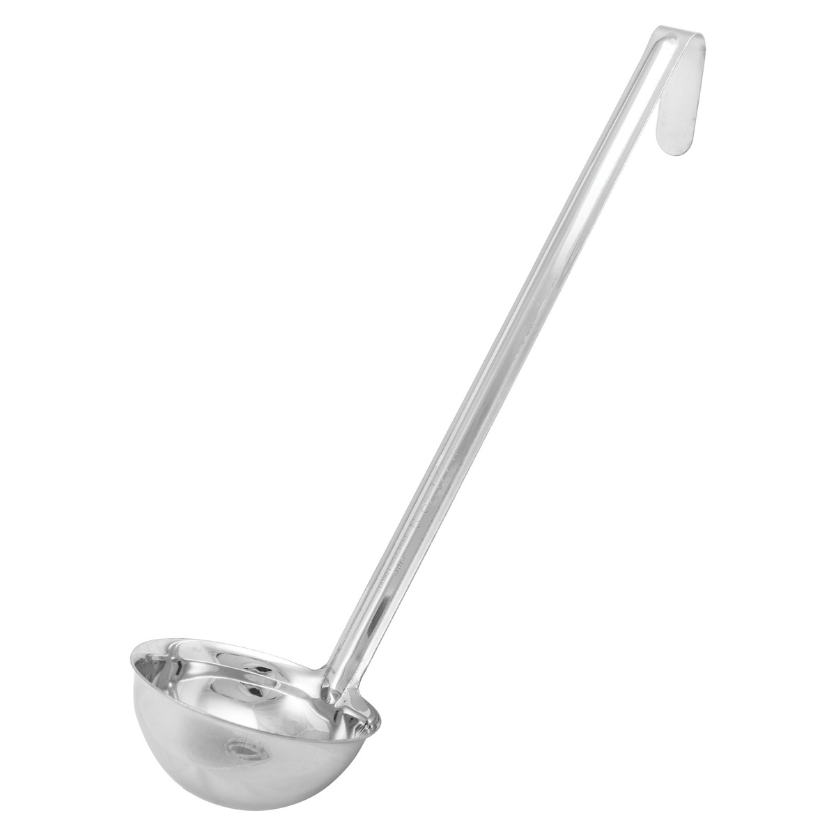 Winco LDI-6 one-piece stainless steel ladle with curved hook tip and deep round bowl