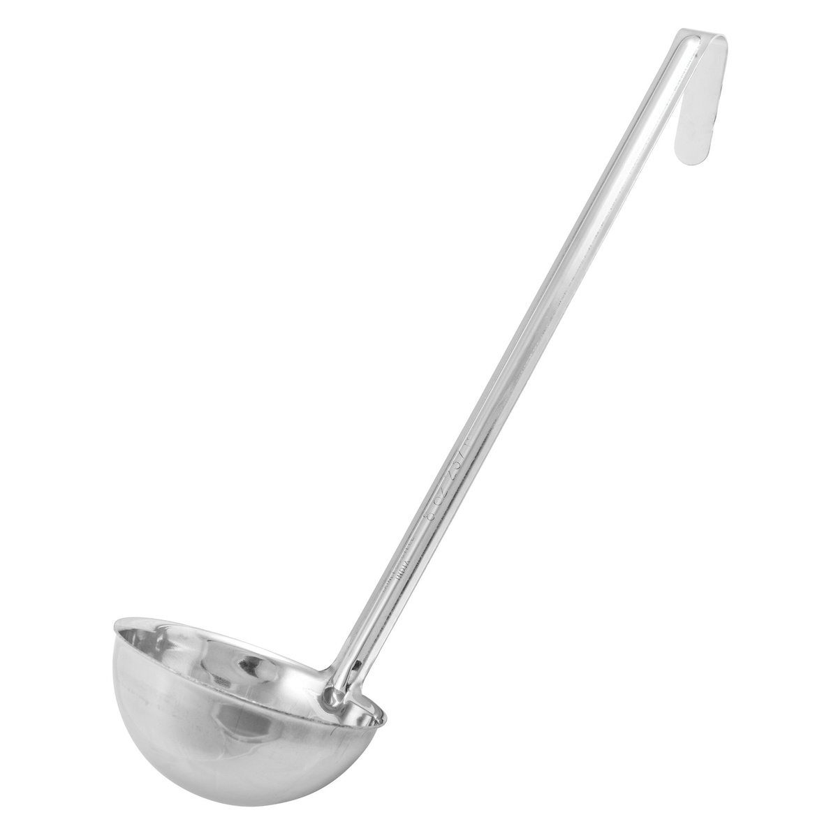 Winco LDI-8 8 oz one-piece stainless steel ladle with curved hanging tip and long handle