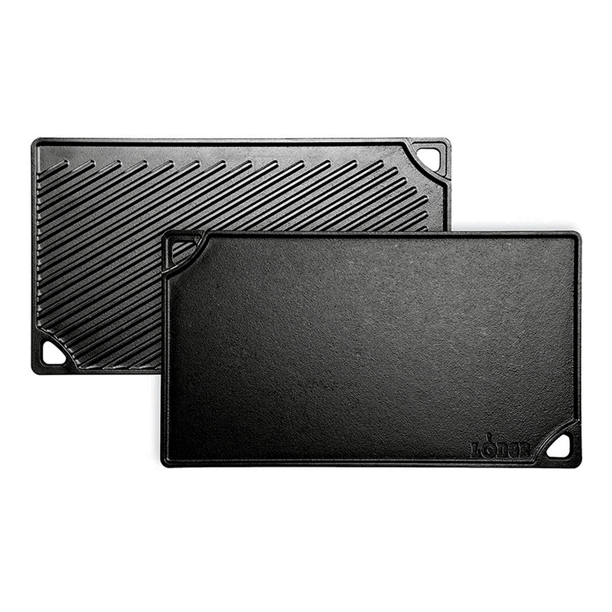 Lodge LDP3 cast iron reversible grill griddle showing ribbed grill side and smooth flat griddle side