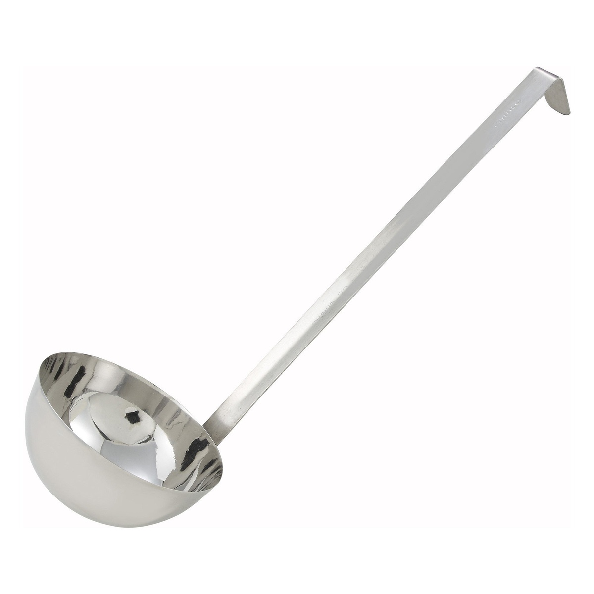 Winco LDT-32 32 oz stainless steel ladle with deep rounded bowl and long 16-inch handle with curved hanging tip